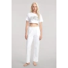 MARSiLYAN- Kadın Beyaz Baskılı Crop T-Shirt Pantolon Takım %100 Pamuk Rahat 2’li Set