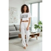 MARSiLYAN- Kadın Beyaz Baskılı Crop T-Shirt Pantolon Takım Rahat Günlük Kombin 2’li Set