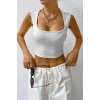 MARSiLYAN- Kadın Beyaz Kare Yaka Kalınlaşan Omuz Detaylı Crop Top Bluz