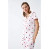 MARSiLYAN- Kadın Beyaz Kırmızı Kalpli Önden Düğmeli Pijama Takımı