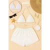 MARSiLYAN- Kadın Beyaz Şortlu Belden ve Boyundan Bağlamalı Bikini Takımı