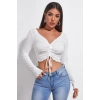 MARSiLYAN- Kadın Beyaz Uzun Kollu Büzdürme Bağcık Detaylı Crop Top Bluz