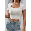MARSiLYAN- Kadın Beyaz Yarım Kol Düz Yaka Crop Top Bluz