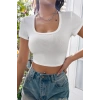 MARSiLYAN- Kadın Beyaz Yarım Kol Düz Yaka Crop Top Bluz