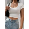 MARSiLYAN- Kadın Beyaz Yarım Kol Düz Yaka Crop Top Bluz