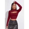 MARSiLYAN- Kadın Bordo Göğüs Dekolteli Uzun Kollu Cut Out Crop Top Bluz