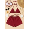 MARSiLYAN- Kadın Bordo Şortlu Belden ve Boyundan Bağlamalı Bikini Takımı