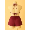 MARSiLYAN- Kadın Bordo Şortlu Belden ve Boyundan Bağlamalı Bikini Takımı