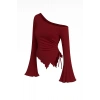 MARSiLYAN- Kadın Bordo Uzun İspanyol Kollu Asimetirik Yaka Yandan Bağlamalı Drapeli Bluz