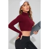 MARSiLYAN- Kadın Bordo Uzun Kol Fermuarlı Parmak Geçme Detaylı Dik Yaka Crop Top Bluz