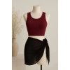 MARSiLYAN- Kadın Bordo Yuvarlak Yaka Crop ve Siyah Pareo 2li Set