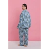 MARSiLYAN- Kadın Büyük Beden Mavi Tropikal Desenli Düğmeli Pijama Takımı