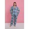 MARSiLYAN- Kadın Büyük Beden Mavi Tropikal Desenli Düğmeli Pijama Takımı