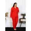 MARSiLYAN- Kadın Büyük Beden Pamuklu Cepli Düğmeli Kırmızı Pijama Takım