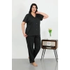 MARSiLYAN- Kadın Büyük Beden Pamuklu Cepli Düğmeli Siyah Pijama Takım