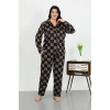 MARSiLYAN- Kadın Büyük Beden Pamuklu Cepli Düğmeli Siyah Pijama Takım