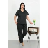MARSiLYAN- Kadın Büyük Beden Pamuklu Cepli Düğmeli Siyah Pijama Takım