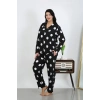 MARSiLYAN- Kadın Büyük Beden Pamuklu Cepli Düğmeli Siyah Pijama Takım