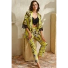 MARSiLYAN- Kadın Dokuma Viskon Çiçek Baskılı Dantelli Sabahlık Balenli Desteksiz Dolgusuz Büstiyer Sütyen ve Pantolon Pijama 3lü Takım (5747)