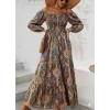 MARSiLYAN- Kadın Düşük Omuzlu Beli Büzgülü Dijital Desenli Kesik Elyaf Süprem Uzun Elbise