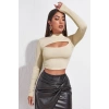 MARSiLYAN- Kadın Ekru Göğüs Dekolteli Uzun Kollu Cut Out Crop Top Bluz