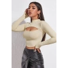 MARSiLYAN- Kadın Ekru Göğüs Dekolteli Uzun Kollu Cut Out Crop Top Bluz