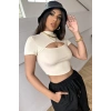 MARSiLYAN- Kadın Ekru Göğüs Dekolteli Yarım Kollu Cut Out Crop Top Bluz