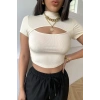MARSiLYAN- Kadın Ekru Göğüs Dekolteli Yarım Kollu Cut Out Crop Top Bluz