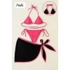 MARSiLYAN- Kadın Fuşya Siyah Pareolu Yandan ve Boyundan Bağlamalı 3lü Bikini Takımı