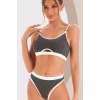 MARSiLYAN- Kadın Gri Antrasit Kaşkorse ve Beyaz Lastikli Cut-Out Tanga Külotlu Takım
