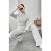 MARSiLYAN- Kadın Gri Çizgili Boğazlı Crop Top ve Yüksek Bel Pantolon Takım
