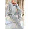 MARSiLYAN- Kadın Gri Çizgili Uzun Kollu Fiyonk Detaylı Pijama Takımı Rahat Mevsimlik