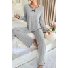 MARSiLYAN- Kadın Gri Çizgili Uzun Kollu Fiyonk Detaylı Pijama Takımı Rahat Mevsimlik