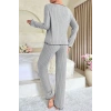 MARSiLYAN- Kadın Gri Çizgili Uzun Kollu Fiyonk Detaylı Pijama Takımı Rahat Mevsimlik