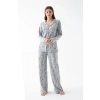 MARSiLYAN- Kadın Gri Desenli Düğmeli Pamuklu Pijama Takımı