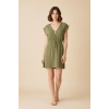 MARSiLYAN- Kadın Haki Yanları Yırtmaçlı Tokalı V Yaka Mini Plaj Elbisesi