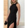 MARSiLYAN- Kadın Halter Yaka Derin Yırtmaç Detaylı Tam Boy Ithal Krep Abiye Elbise