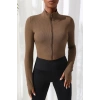 MARSiLYAN- Kadın Kahverengi Uzun Kol Fermuarlı Parmak Geçme Detaylı Dik Yaka Crop Top Bluz