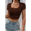 MARSiLYAN- Kadın Kahverengi Yarım Kol Düz Yaka Crop Top Bluz