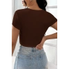 MARSiLYAN- Kadın Kahverengi Yarım Kol Düz Yaka Crop Top Bluz