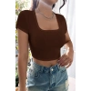 MARSiLYAN- Kadın Kahverengi Yarım Kol Düz Yaka Crop Top Bluz