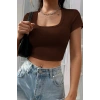 MARSiLYAN- Kadın Kahverengi Yarım Kol Düz Yaka Crop Top Bluz