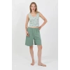 MARSiLYAN- Kadın Kalın Askılı Pamuk Penye Şortlu Crop Takım SuYeşili