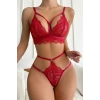 MARSiLYAN- Kadın Kırmızı Cut-Out Büstiyerli Beli Çapraz Lastikli Külotlu Çamaşır Takımı