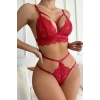 MARSiLYAN- Kadın Kırmızı Cut-Out Büstiyerli Beli Çapraz Lastikli Külotlu Çamaşır Takımı