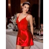 MARSiLYAN- Kadın Kırmızı Dantel İşlemeli İnce Askılı Sırt Dekolteli Saten Mini Gecelik Şık Fantezi Tasarım