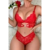 MARSiLYAN- Kadın Kırmızı Kalp Tokalı Çapraz Lastik Detaylı Dantel İç Çamaşır Takımı