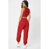 MARSiLYAN- Kadın Kırmızı Kaşkorse Cepli Jogger Eşofman Altı ve Crop Top Bluz