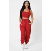 MARSiLYAN- Kadın Kırmızı Kaşkorse Cepli Jogger Eşofman Altı ve Crop Top Bluz