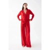 MARSiLYAN- Kadın Kırmızı Şeffaf Jakar Düğmeli Pijama Takımı